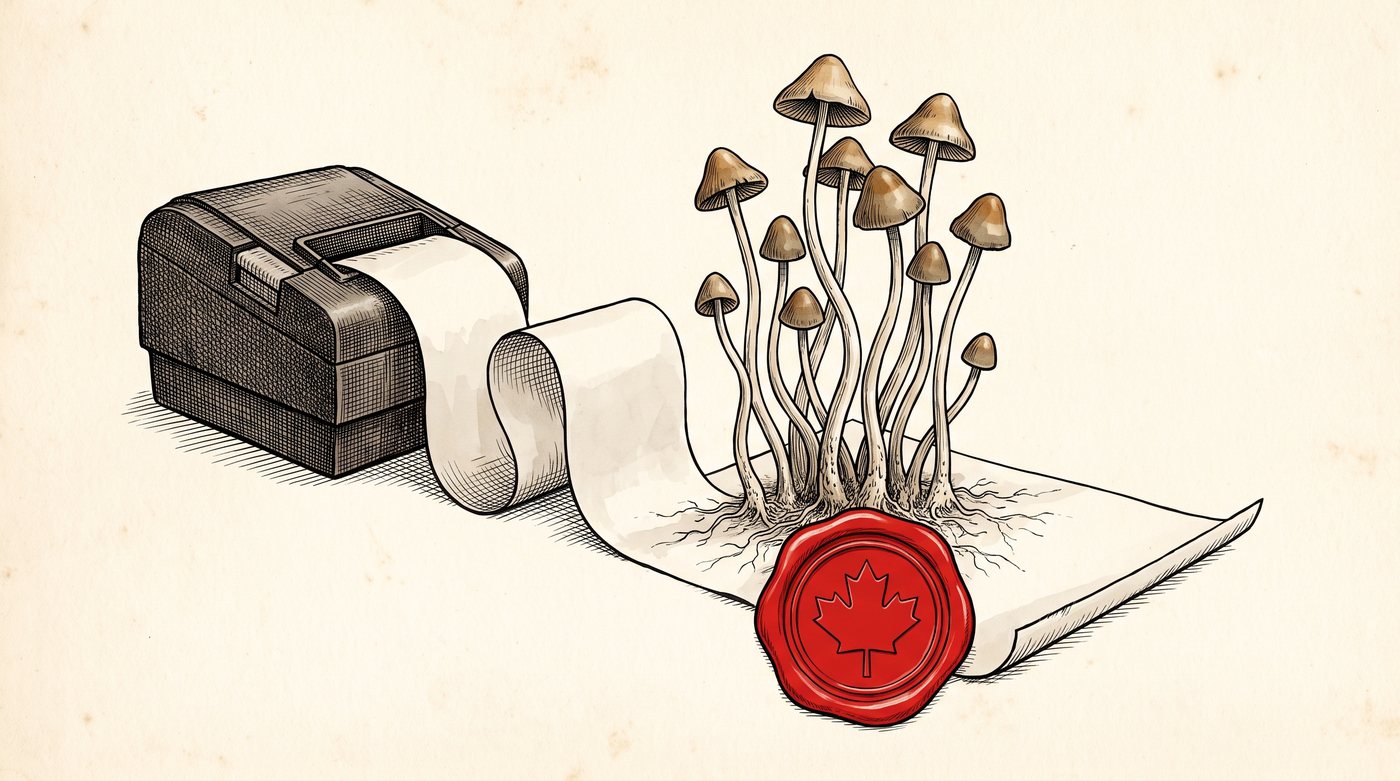 Ink and wash drawing on cream paper. A dark boxy machine feeds a long curling strip of paper across a table. Near its end, a cluster of slender tan mushrooms grows out of the paper, roots spreading across it, beside a large red wax seal pressed with a maple leaf.