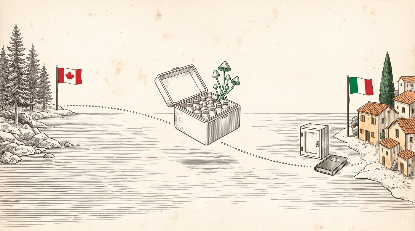 An ink illustration on aged cream paper: a dotted route crosses the sea from a Canadian shore flying the flag of Canada to an Italian hill town flying the flag of Italy. On the way, an open insulated courier box holds rows of small bottles and a sprig of green-capped mushrooms, and near the Italian shore a locked pharmacy cabinet stands beside a ledger.