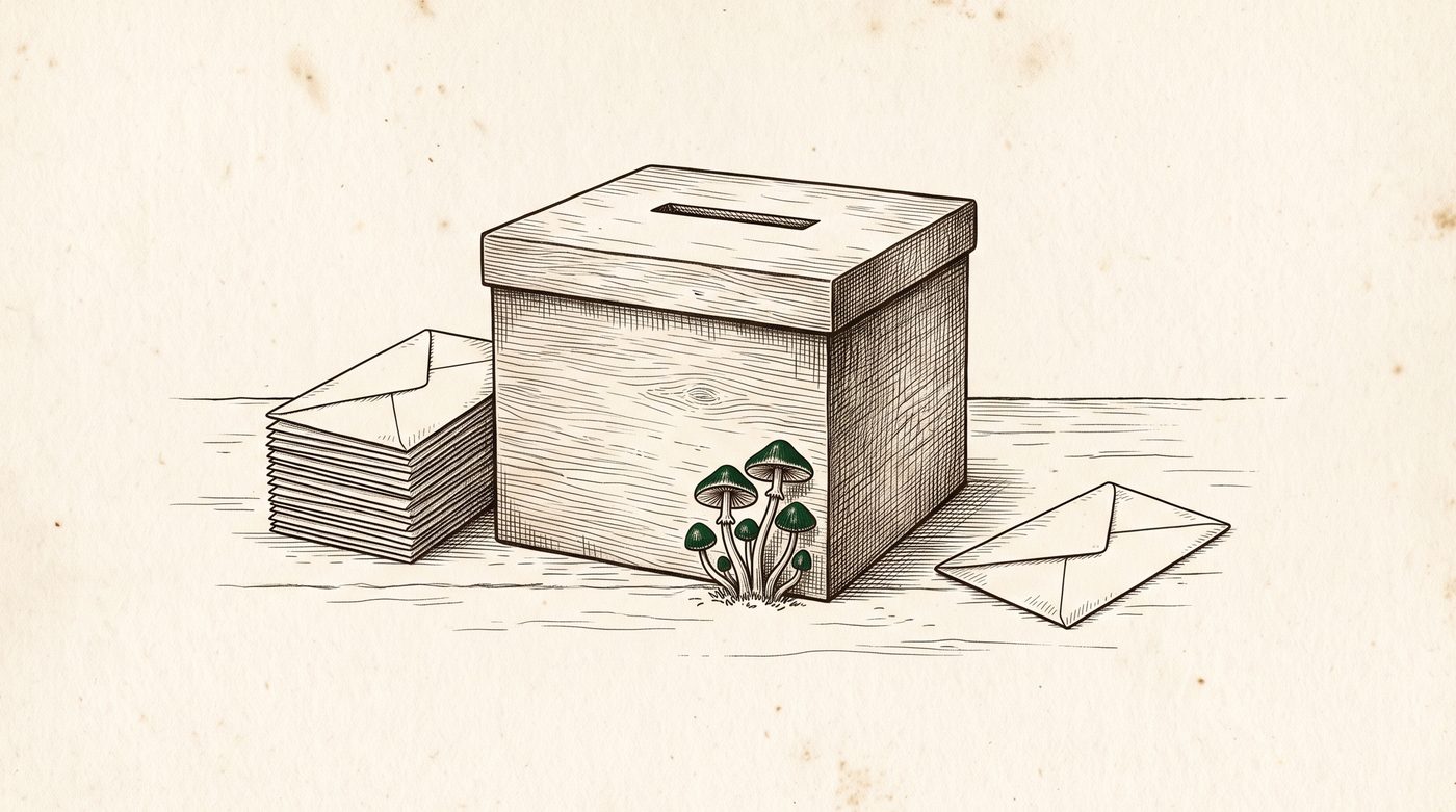 An ink drawing on aged cream paper of a plain wooden ballot box on a table, with a tall stack of blank envelopes on one side, a single envelope on the other, and a small cluster of green-capped mushrooms growing at its base.