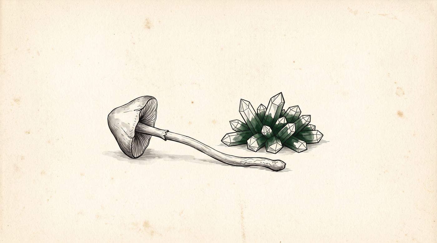 An ink drawing on aged cream paper: a single picked wild mushroom lies on its side, drawn in grey ink, and a short distance to its right sits a small heap of sharp-edged crystals, the only part of the drawing washed in deep green.