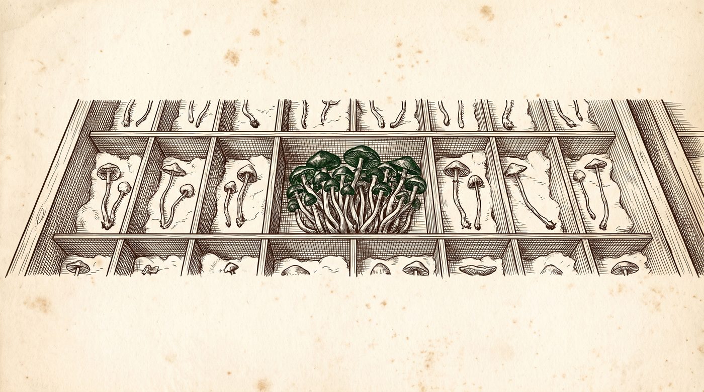 An ink drawing of a wooden specimen tray on aged paper. The centre compartment holds a dense cluster of mushrooms tinted deep green, and the compartments around it each hold one or two uncoloured mushrooms laid on cotton.